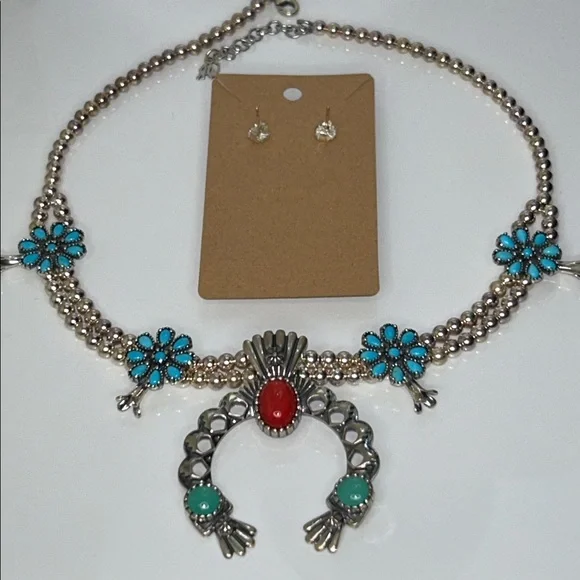 NWOT Carolyn Pollack Sterling Silver Squash Blossom Designer Necklace Earrings - Picture 6 of 12